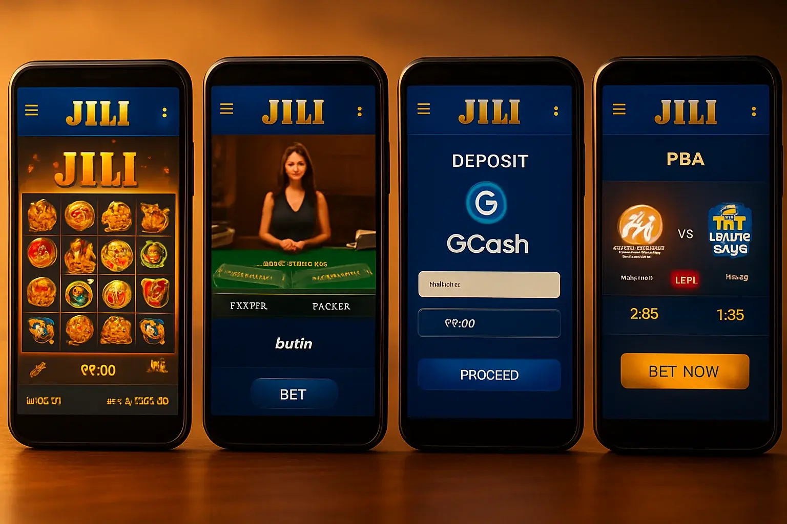 Android screens showing JILI slots, live baccarat, GCash deposit, and PBA betting