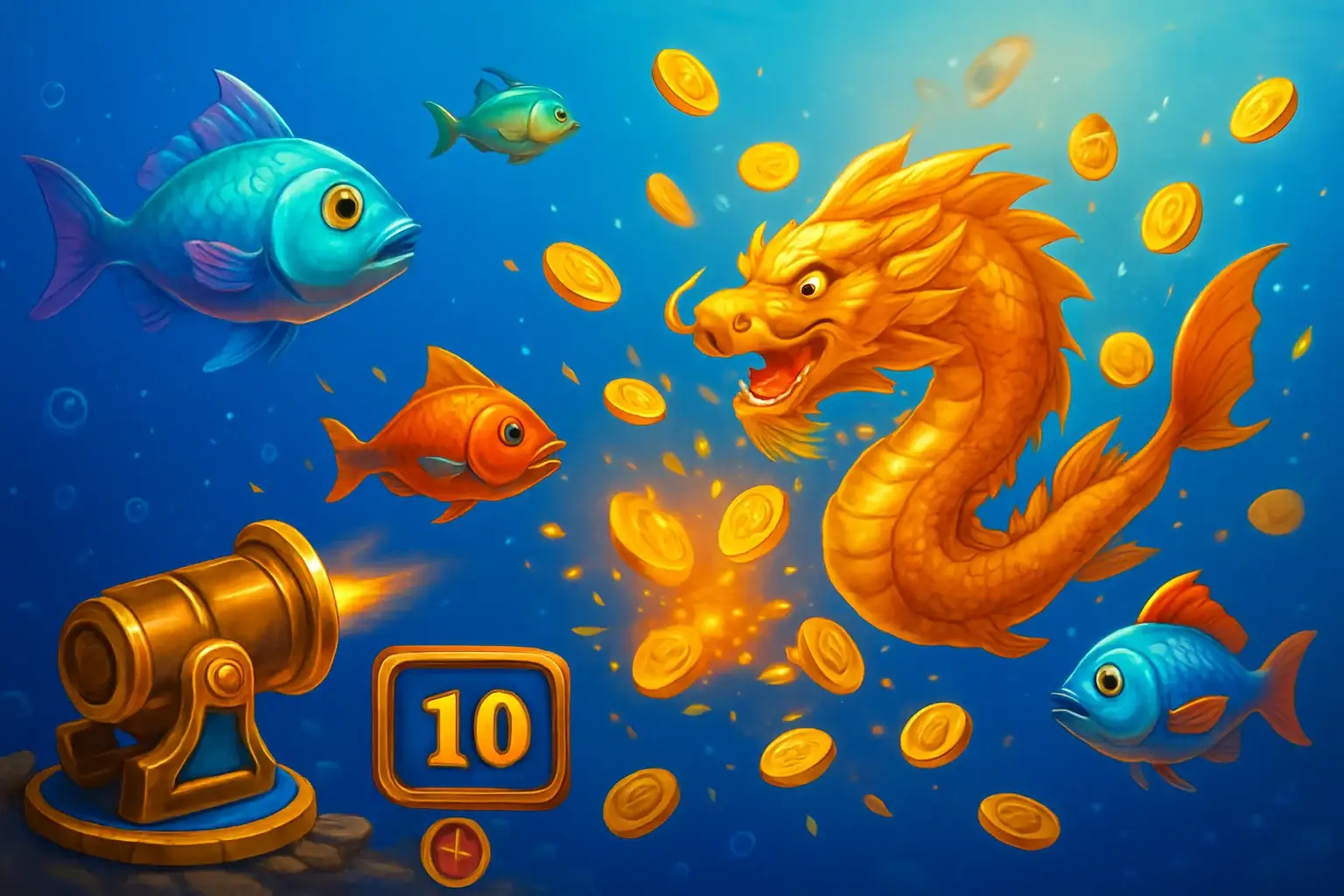Vibrant Philippine casino fishing game with colorful fish and coin explosions