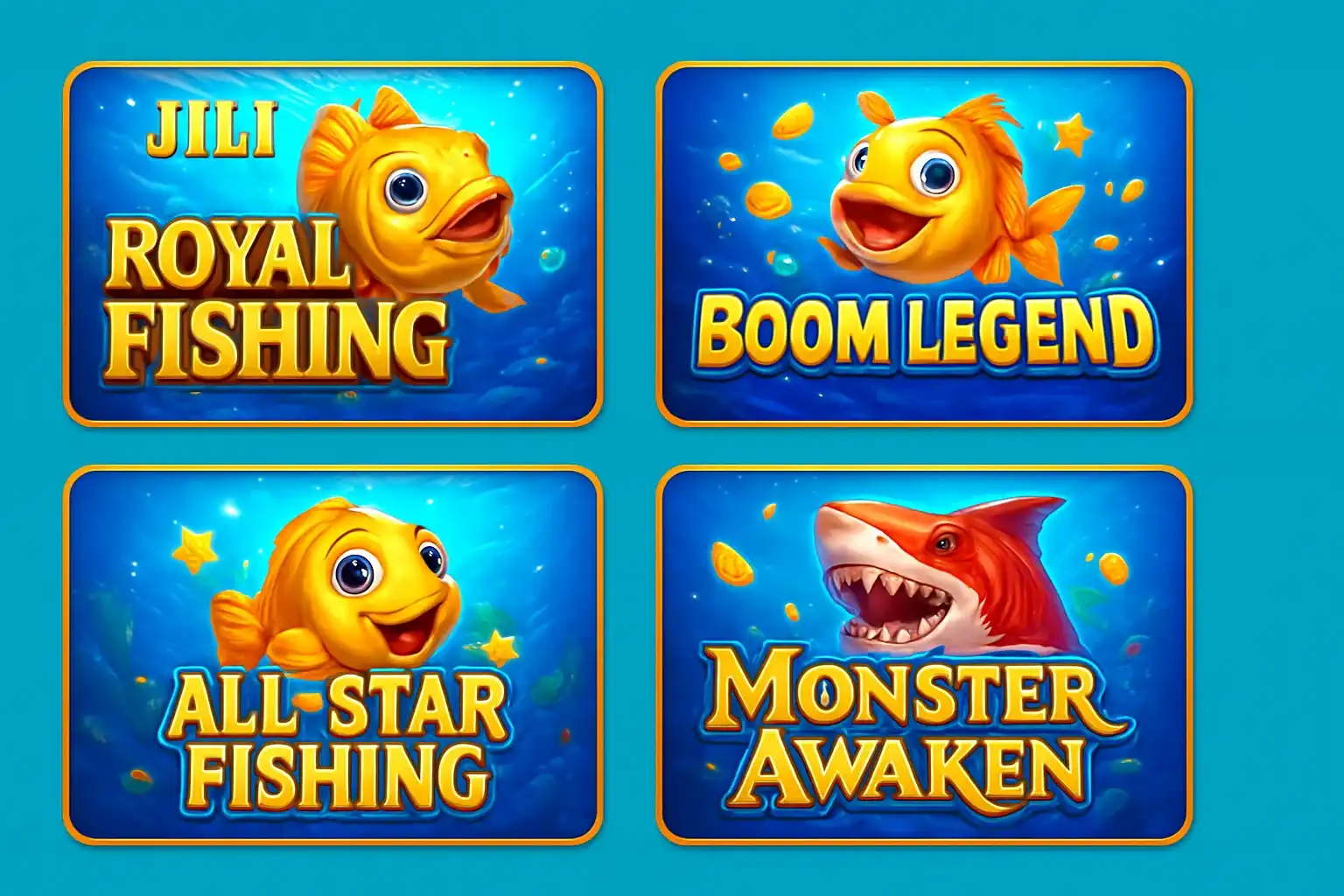 Grid of popular Philippine fishing game thumbnails in vibrant blue and gold
