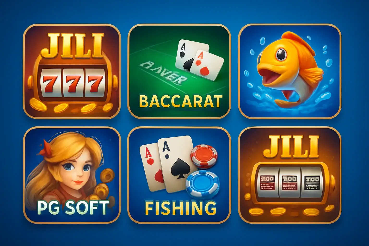 Colorful grid of Philippine casino game thumbnails with blue and gold UI
