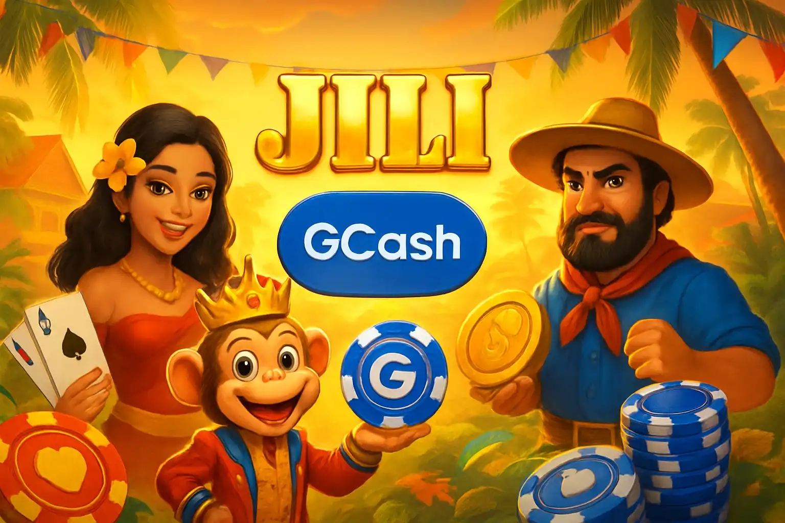 Vibrant Philippine online casino hero banner with JILI characters and GCash badge