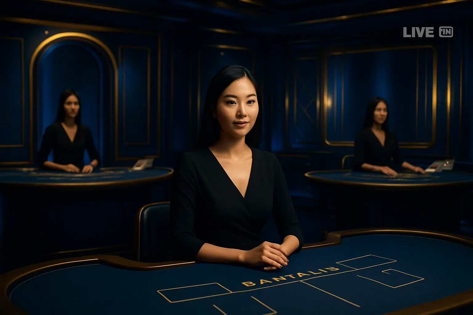 Elegant live casino studio with Asian dealers, baccarat and blackjack tables