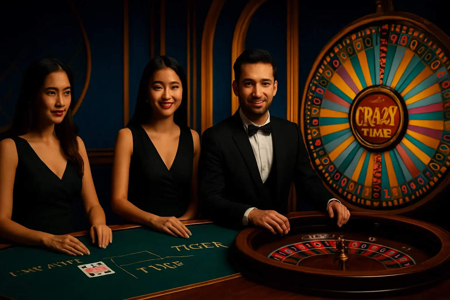 Live casino game cards with dealers, baccarat, roulette, Crazy Time wheel