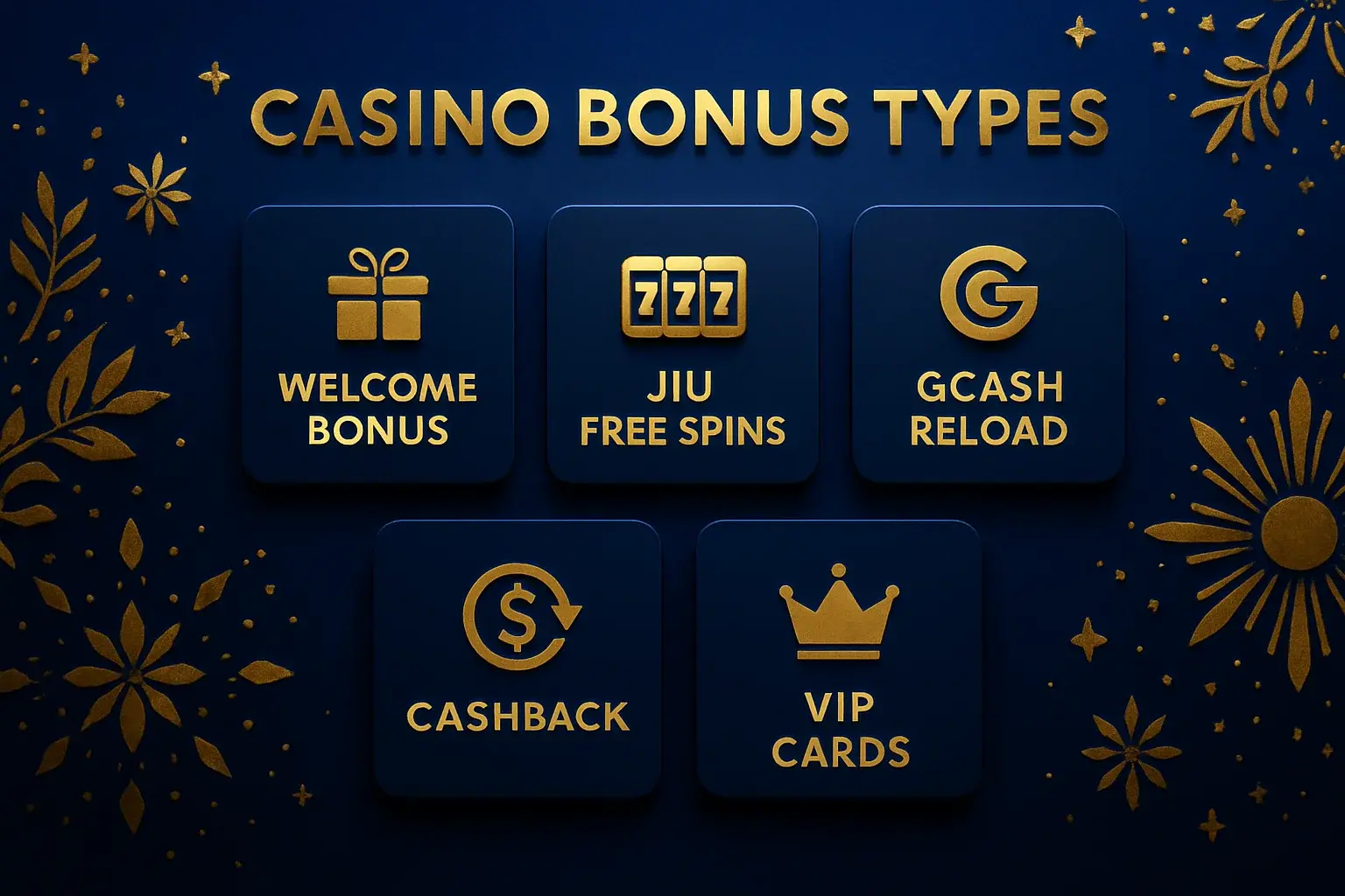 Welcome bonus, JILI free spins, GCash reload, cashback and VIP cards on royal blue