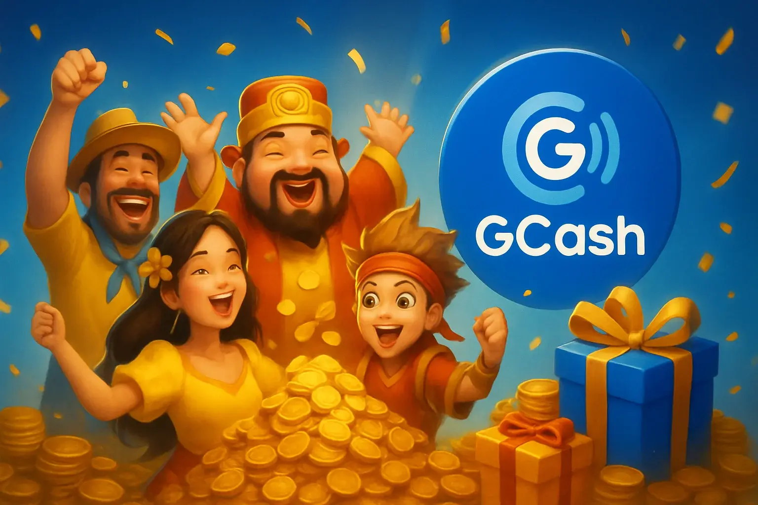 Philippine casino promotions banner with gold coins, gift boxes, GCash badge, JILI characters