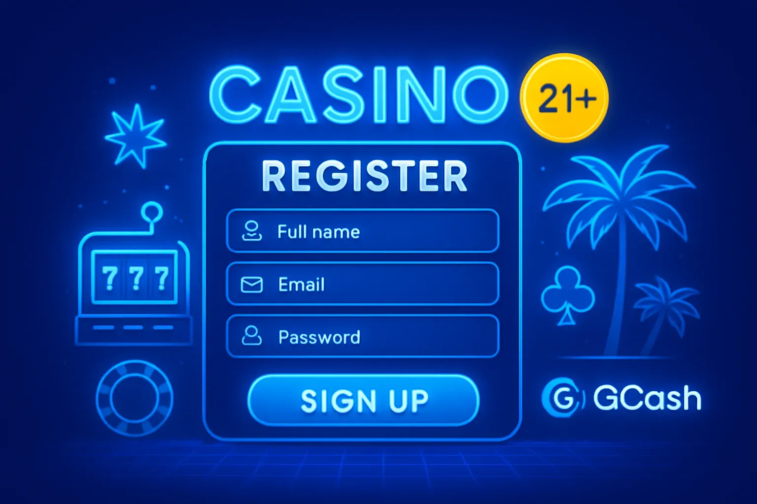 Philippine casino registration page illustration with GCash logo and 21+ badge