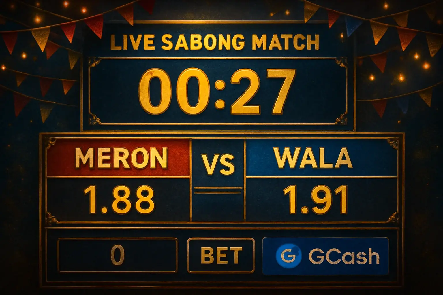 Live sabong countdown timer with Meron vs Wala betting panel and GCash badge