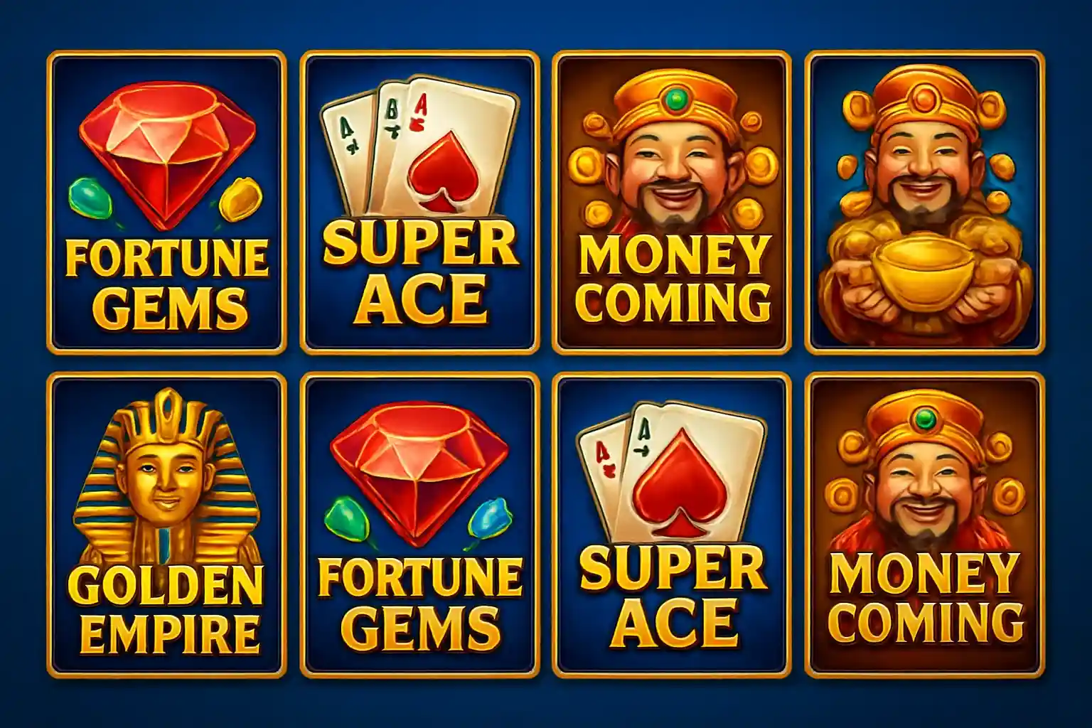 Grid of JILI and PG Soft slot game thumbnails on blue background