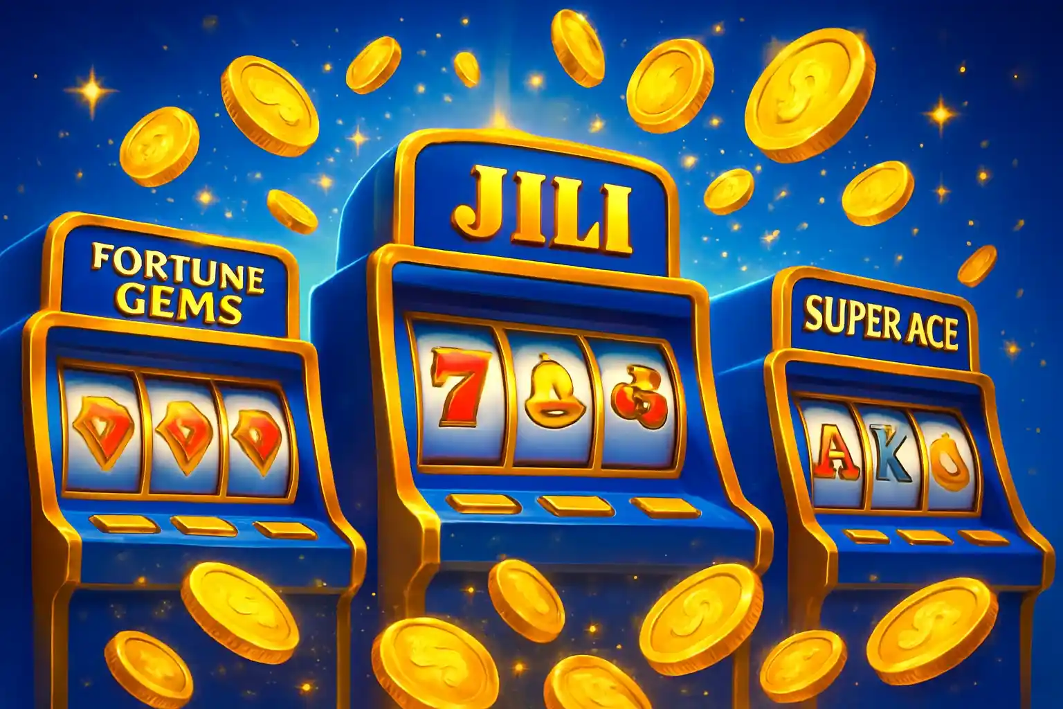Bright Philippine casino slot machines with JILI symbols and exploding gold coins
