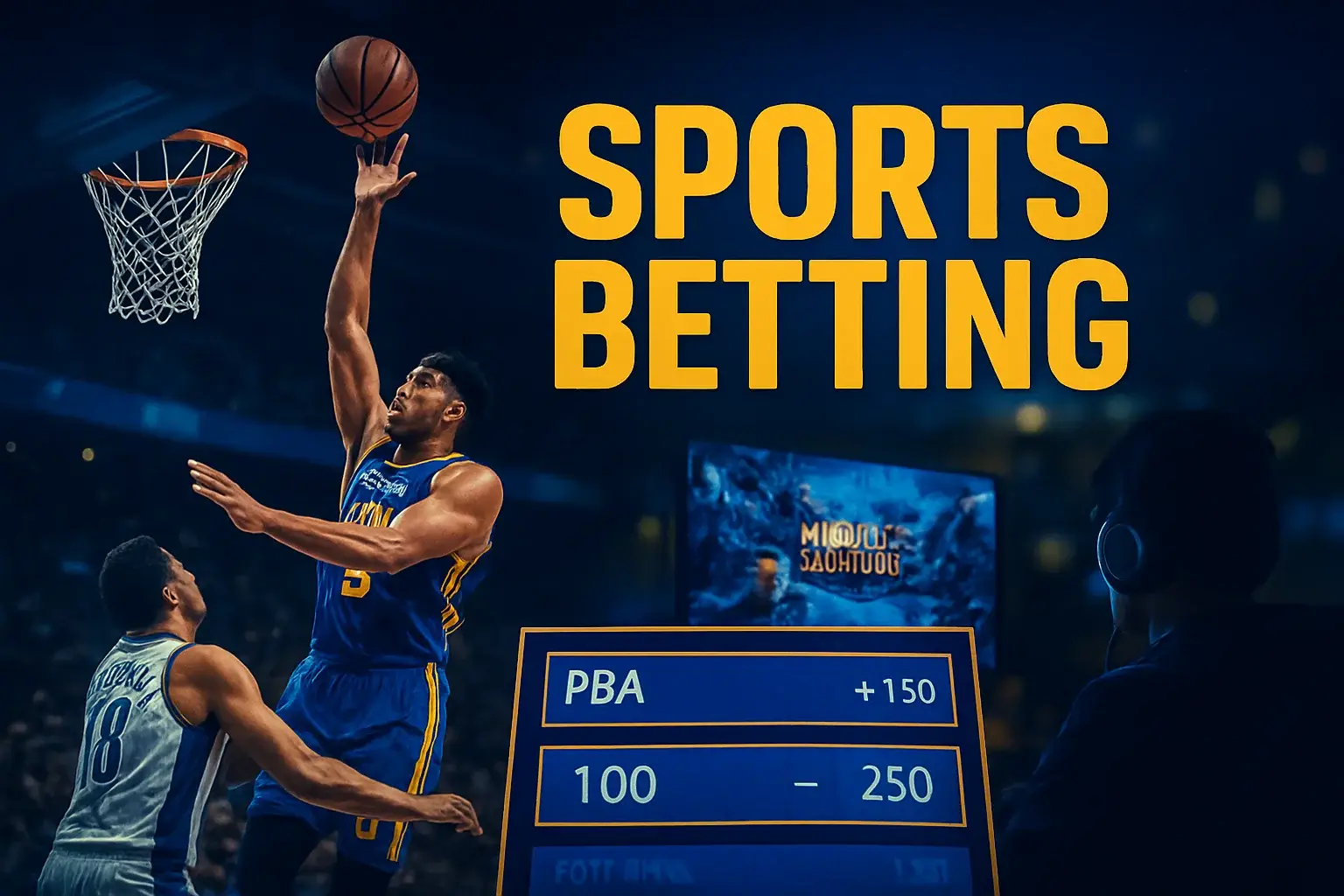 Dynamic Philippine sports betting banner with PBA action and Mobile Legends setup
